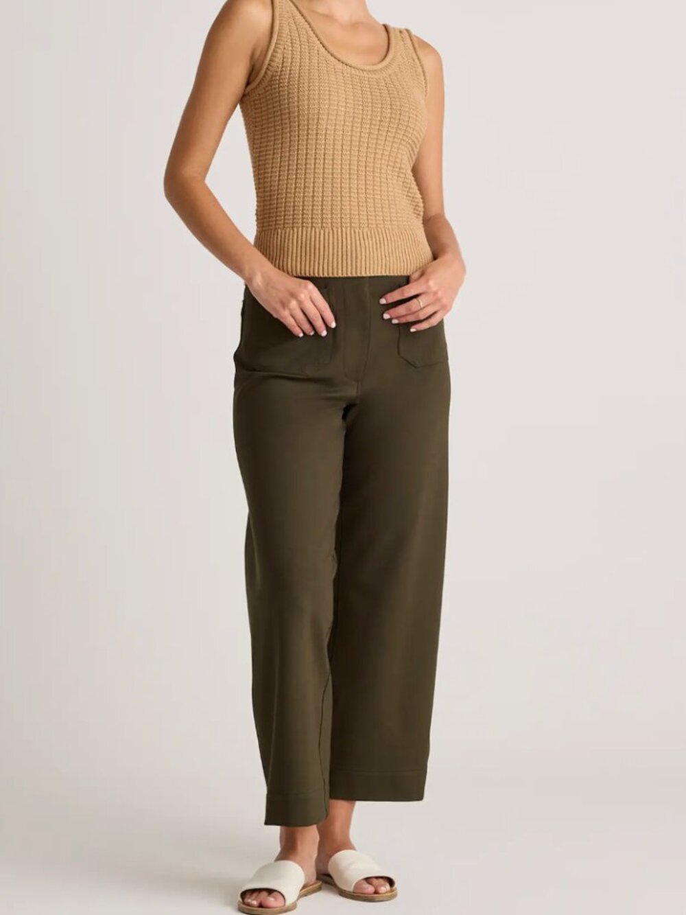 Quince Ultra-stretch Ponte Cropped Wide-Leg Pants Olive | Size 12